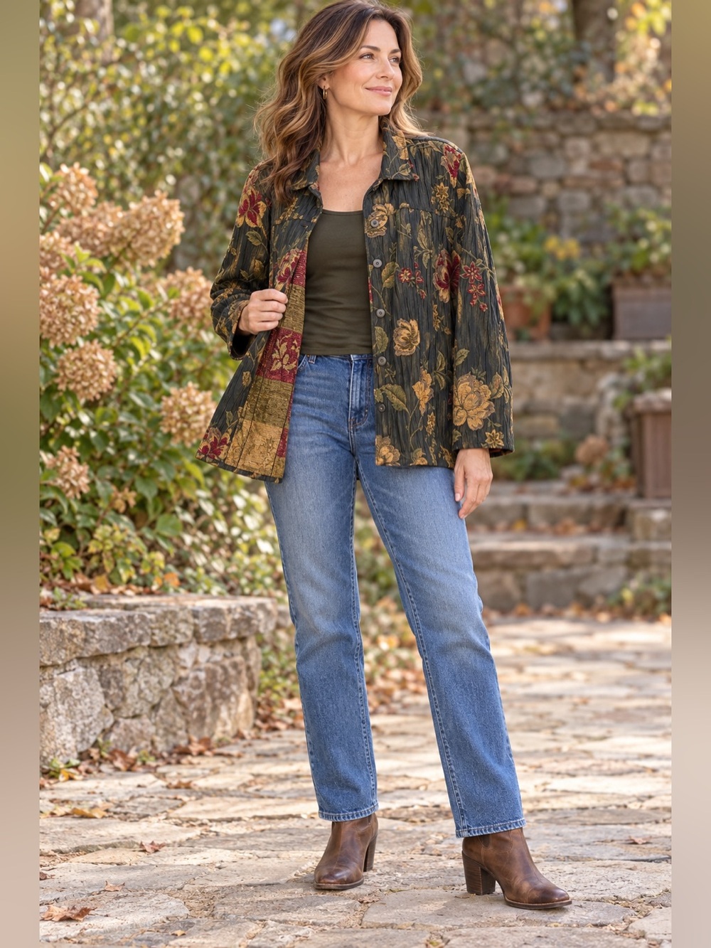 Chico’s Embroidered Olive Floral Crinkle Button Front Shirt Jacket, 3 XL / 16